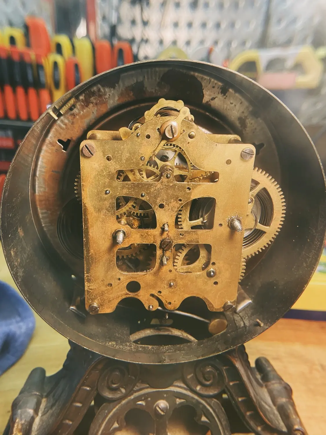 A mantlepiece clock that needed some refitting and unwarping some gears.